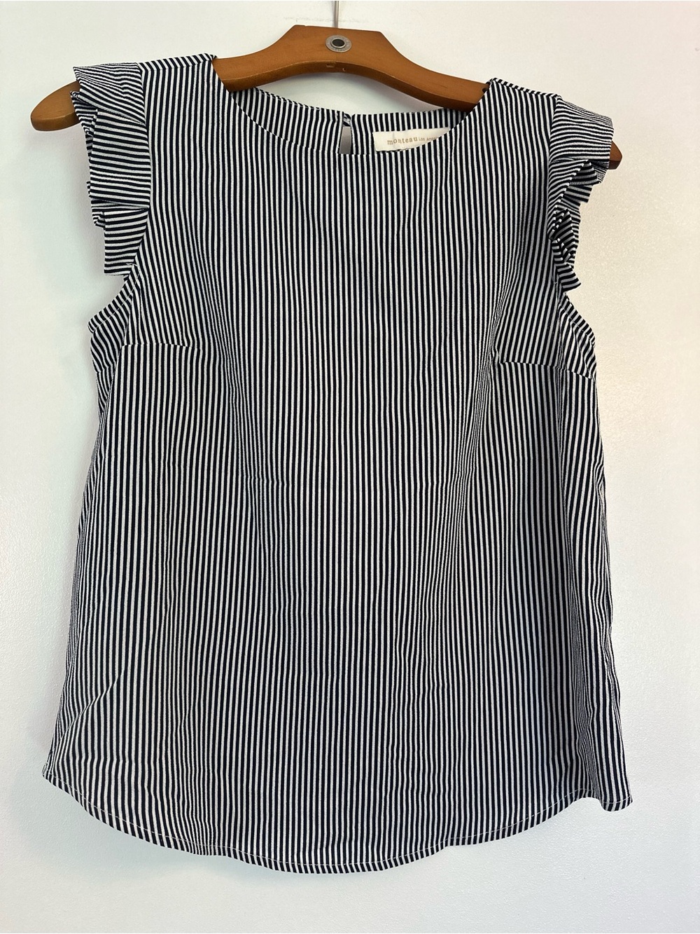 Monteau Black & White Vertical Stripe Ruffle Sleeve Blouse